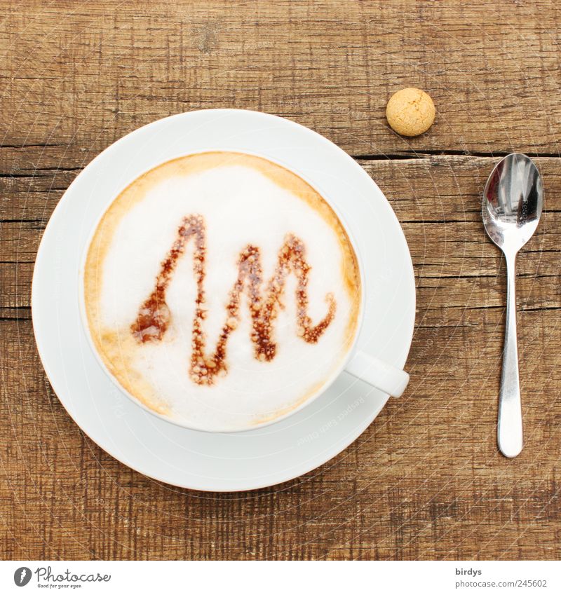 Cappuccino mit Nahrungsergänzungspille Heißgetränk Kaffee Tasse Löffel Stil genießen trinken Duft klein schön ästhetisch Erholung Erwartung rustikal Holztisch
