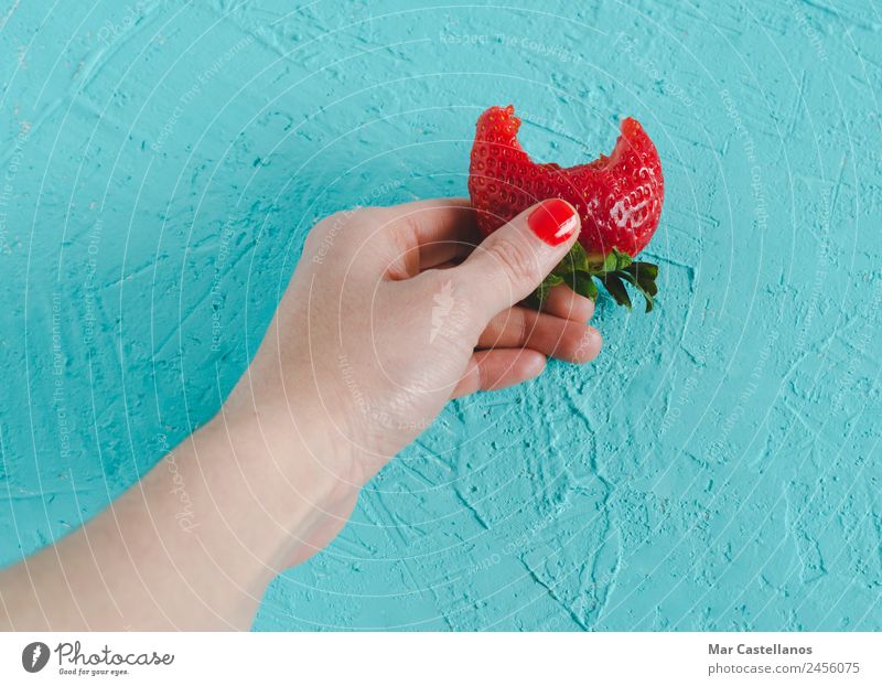 Frauenhand mit einer reifen Erdbeere auf blauem Hintergrund. Lebensmittel Frucht Dessert Ernährung Bioprodukte Diät Wellness Sommer feminin Erwachsene Haut Hand
