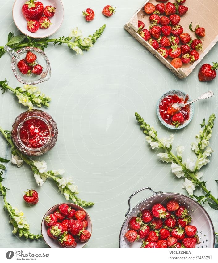 Erdbeeren SommerBlumen und Marmelade Lebensmittel Frucht Dessert Ernährung Bioprodukte Vegetarische Ernährung Geschirr Schalen & Schüsseln Topf Stil Gesundheit