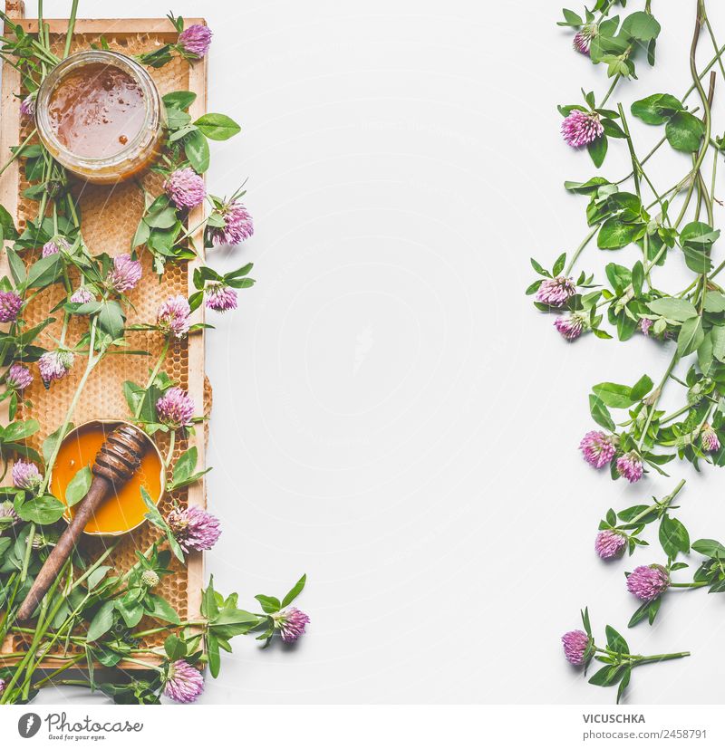 Honig Hintergrund mit Honigwabe und wiilde Blumen Lebensmittel Ernährung Bioprodukte Diät Geschirr Glas Stil Design Gesundheit Gesundheitswesen Behandlung