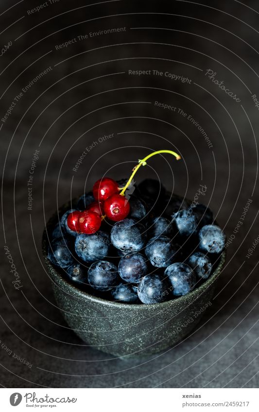 Blaubeeren und Johannisbeeren in dunkler Schale Frucht Ernährung Bioprodukte Vegetarische Ernährung Schalen & Schüsseln dunkel lecker sauer süß rot schwarz