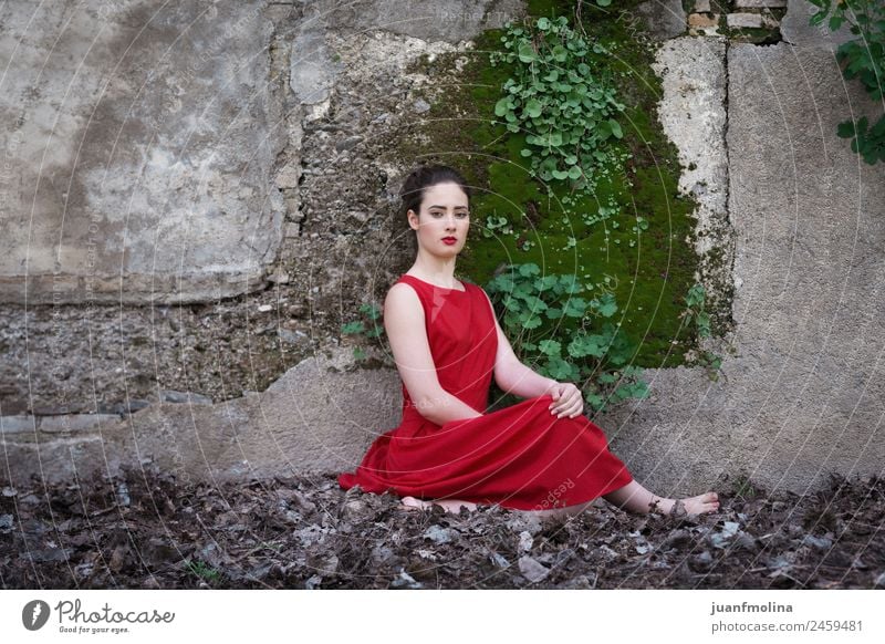 Melancholisches Mädchen mit rotem Kleid in der Natur elegant Stil schön Gesicht Sommer Junge Frau Jugendliche Erwachsene 18-30 Jahre Pflanze Erde Gras Garten