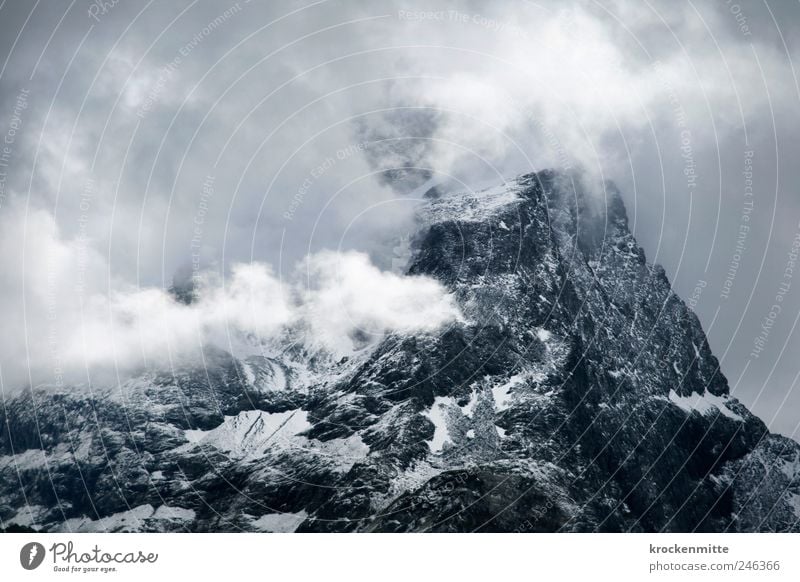 Gipfelsturm Landschaft Wolken Sturm Nebel Felsen Alpen Berge u. Gebirge Schneebedeckte Gipfel blau Tapferkeit Schweiz Kanton Graubünden Dunst Wolkenbild grau