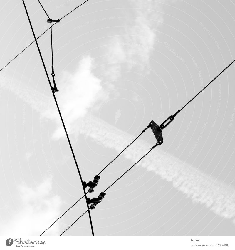 Stadtsynapsen diagonal Oberleitung Kabel Stahlkabel Draht Drahtseil Wolken Grafik u. Illustration Kreuz Linie Kondensstreifen Elektrizität Spannung