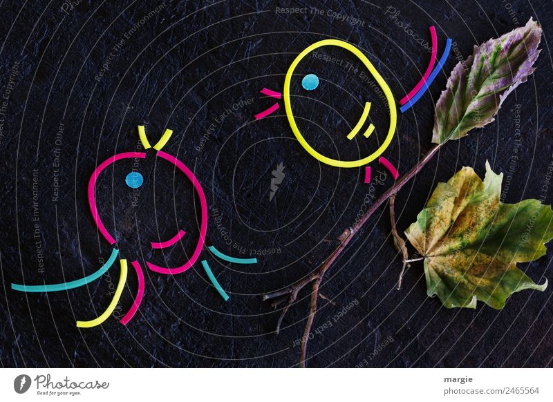 Gummiwürmer: Vogelgezwitscher Vögel auf dem Ast Natur Pflanze Baum Blatt Grünpflanze Tier Wildtier 2 gelb rot schwarz Zweig Herbstfärbung Gezwitscher Schnabel
