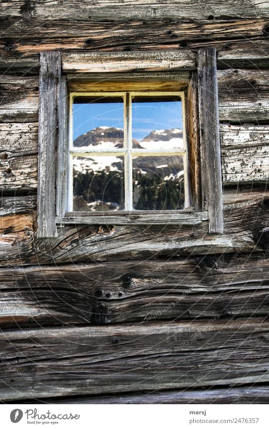 Zimmer mit Bergblick Himmel Frühling Alpen Berge u. Gebirge Gipfel Schneebedeckte Gipfel Hütte Mauer Wand Blockbohlen Holzwand Fenster alt blau braun Idylle