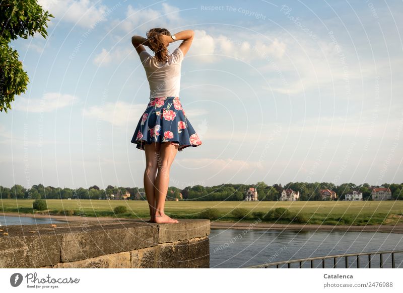 An der Elbe II, junge Frau an der Elbe feminin Junge Frau Jugendliche 1 Mensch Landschaft Himmel Wolken Sommer Schönes Wetter Baum Gras Wiese Flussufer Dorf