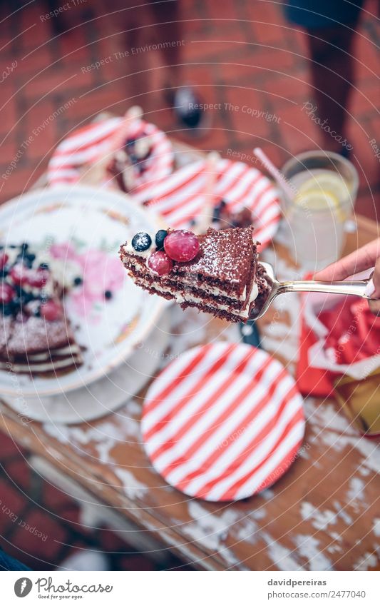 Frau mit Kuchenstück auf einem Sommerfest Dessert Teller Lifestyle Freude Glück Freizeit & Hobby Garten Feste & Feiern Erwachsene Freundschaft Hand genießen