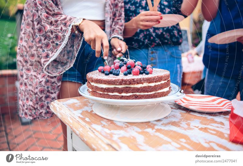 Frau, die nackten Schokoladenkuchen auf einem Sommerfest schneidet. Dessert Mittagessen Teller Lifestyle Freude Glück Freizeit & Hobby Garten Feste & Feiern