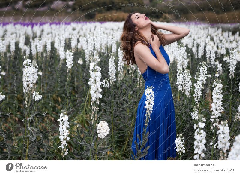 Frau, die im Feld der weißen Blumen posiert. Lifestyle Erwachsene 18-30 Jahre Jugendliche Garten Mode grün
