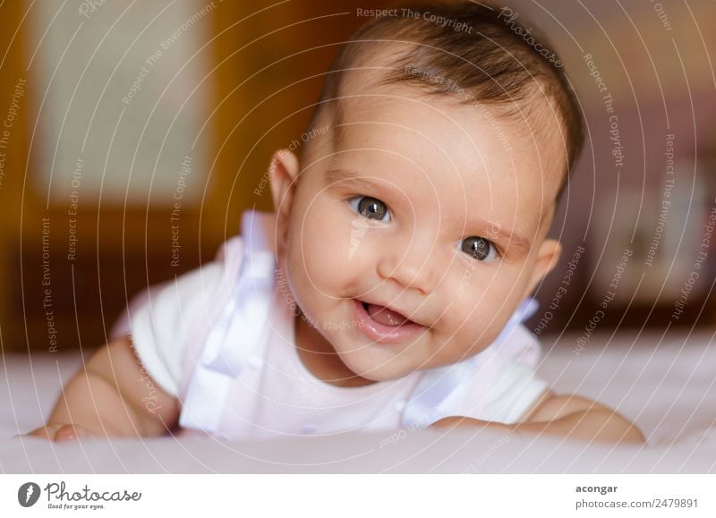 Porträt eines 3 Monate alten Babys, lächelnd. Lifestyle Freude schön Mensch feminin Mädchen Kindheit Gesicht 1 0-12 Monate Lächeln lachen liegen Fröhlichkeit