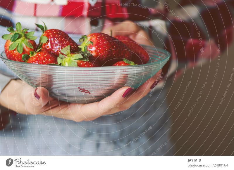 Schale mit Erdbeeren in den Händen einer Frau mit Schürze. Fleisch Frucht Ernährung Diät Schalen & Schüsseln Lifestyle schön Tisch Mensch Erwachsene Hand Natur