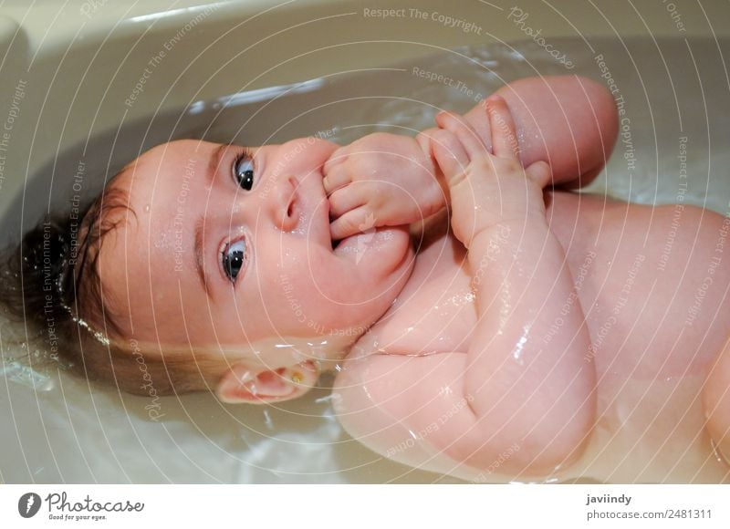 Kleines Mädchen vier Monate alt beim Baden Glück schön Gesicht Leben Badewanne Kind Mensch Baby Kindheit 1 0-12 Monate schlafen Fröhlichkeit klein niedlich