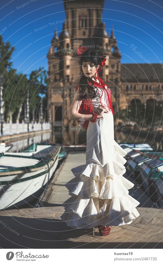 Junge Eleganz Flamenco-Tänzerin elegant Glück schön Tanzen Frau Erwachsene Kultur Blume Mode Kleid Leidenschaft Flamencotänzer Spanien Spanisch Sevilla Ausdruck