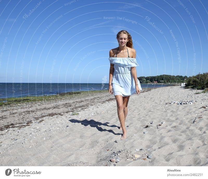 Junge Frau geht am Ostseestrand auf jemanden zu elegant schön Leben Sommer Sommerurlaub Sonne Sonnenbad Strand Meer Jugendliche 18-30 Jahre Erwachsene