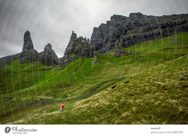 Die Wanderin Landschaft Gras Wiese Hügel Felsen Berge u. Gebirge Gipfel außergewöhnlich bedrohlich Bekanntheit authentisch einfach oben schön grün Isle of Skye