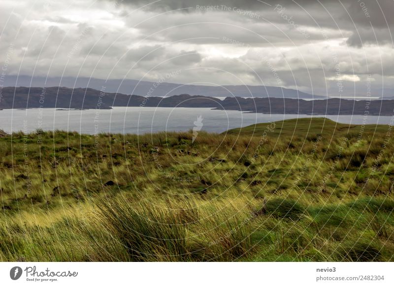 Isle of Sky in Schottland Landschaft Horizont Herbst Klima schlechtes Wetter Unwetter Regen Gras Wiese Feld Hügel Felsen Küste Meer Insel grün Großbritannien