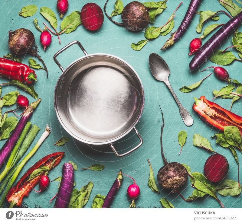 Kochtopf und Gemüse Lebensmittel Ernährung Bioprodukte Vegetarische Ernährung Diät Topf Stil Design Gesundheit Gesunde Ernährung Tisch Küche Vegane Ernährung