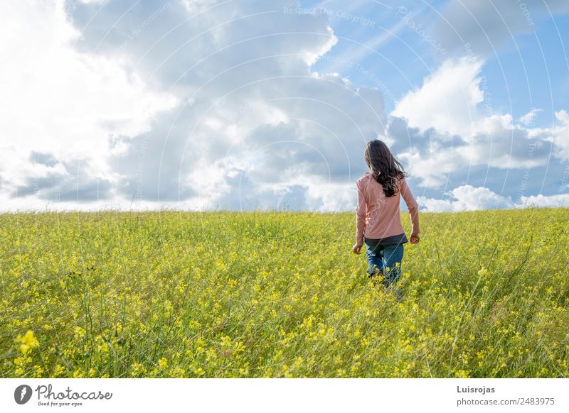 Mädchen, das auf einem Feld mit gelben Blumen spazieren geht, sonniger Tag Gesundheit Allergie Erholung Freiheit Sommer 3-8 Jahre Kind Kindheit 8-13 Jahre