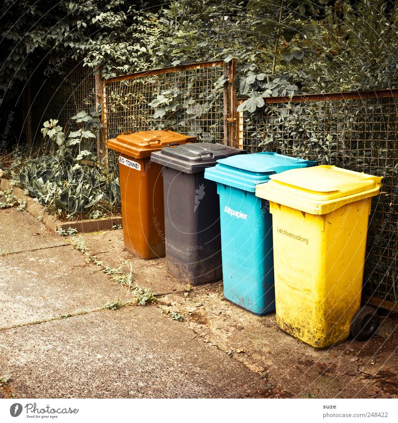 1 Mexikaner, 1 Afrikaner, 1 Inuit und 1 Chinese ... Umwelt Sträucher Papier Beton blau braun gelb schwarz Trennung Müll Müllbehälter Zaun Recycling Boden