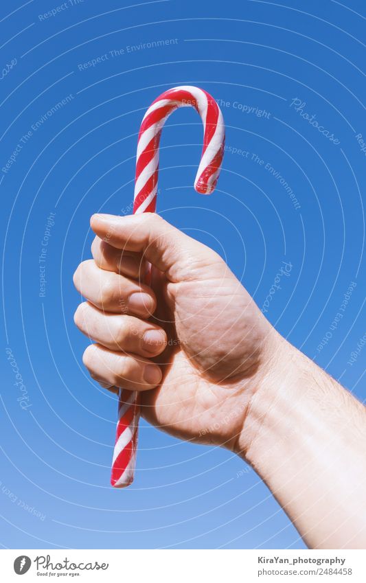 Die Hand des Mannes hält traditionellen weihnachtlich gestreiften Zuckerrohr. Design Winter Dekoration & Verzierung Feste & Feiern Weihnachten & Advent