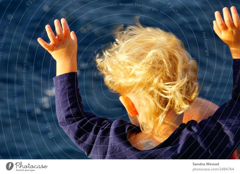 Freiheit... harmonisch Wohlgefühl Zufriedenheit Kindheit Arme Hand 1-3 Jahre Kleinkind Wind Sturm Meer Schifffahrt Bootsfahrt Passagierschiff blond fliegen