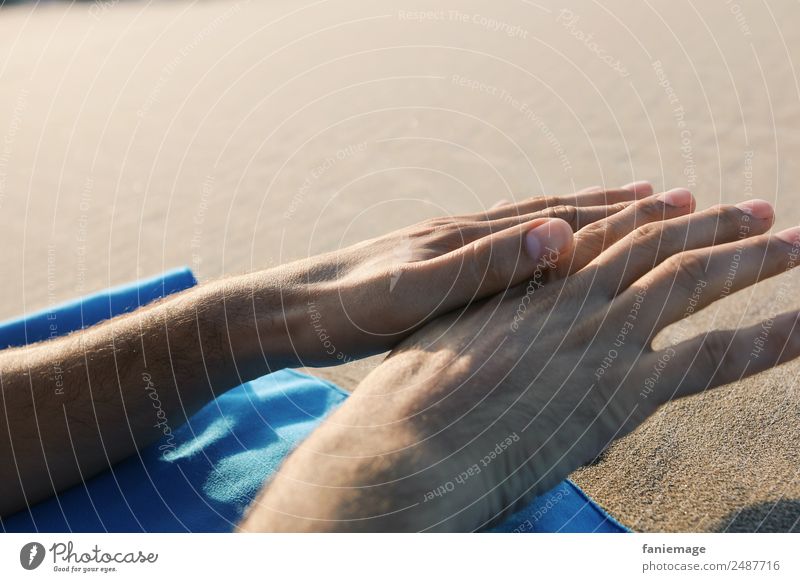 Hände Mensch maskulin Hand Finger Erholung liegen Mann ruhig Meditation mediterran Camargue Strand Handtuch gestikulieren Sandkorn Sonnenbad Sonnenlicht