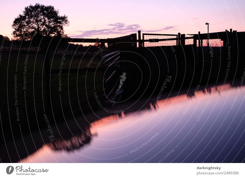 Panorama einer abendliche Landschaft mit Spiegelung Motorsport wandern Natur Wasser Flüssigkeit glänzend Unendlichkeit retro rund Sauberkeit Wärme blau violett