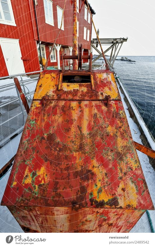 Angelgeräte - rote Hütte oder Rorbu. A i Lofoten-Norwegen-0338 Fisch Meeresfrüchte Freizeit & Hobby Angeln Tourismus Kreuzfahrt Insel Winter Schnee Winterurlaub