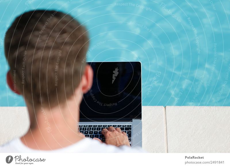 #A# Work-Life-Balance 1 Mensch ästhetisch Notebook Tastatur Tippen Schwimmbad Hotelpool blau Wasseroberfläche Business Internet digital Telekommunikation