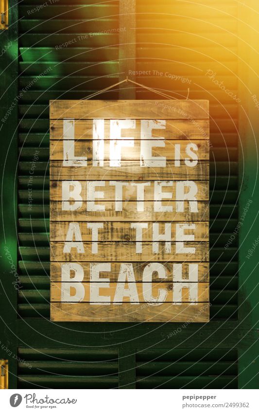 LIFE IS BETTER AT THE BEACH Lifestyle Gesundheit Häusliches Leben Haus Fenster Holz Zeichen Schriftzeichen Linie Streifen gelb grün Gefühle Freude Glück