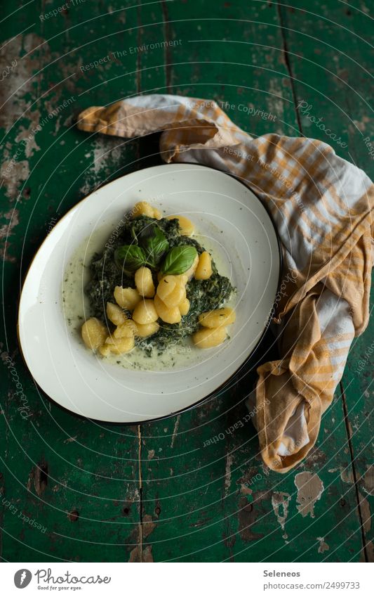 Gnocchi Lebensmittel Gemüse Spinat Rahmspinat Basilikum Ernährung Essen Mittagessen Abendessen Teller frisch Gesundheit lecker Vegetarische Ernährung Farbfoto