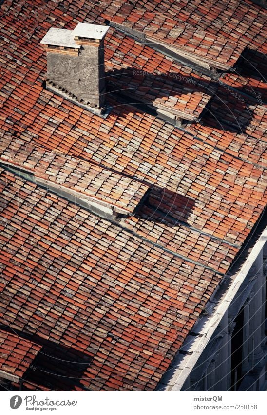 Aufs Dach gestiegen Dorf Kleinstadt Altstadt Menschenleer Haus Bauwerk Gebäude Dachrinne Schornstein alt rot Ziegeldach Dachziegel mediterran Süden Italien
