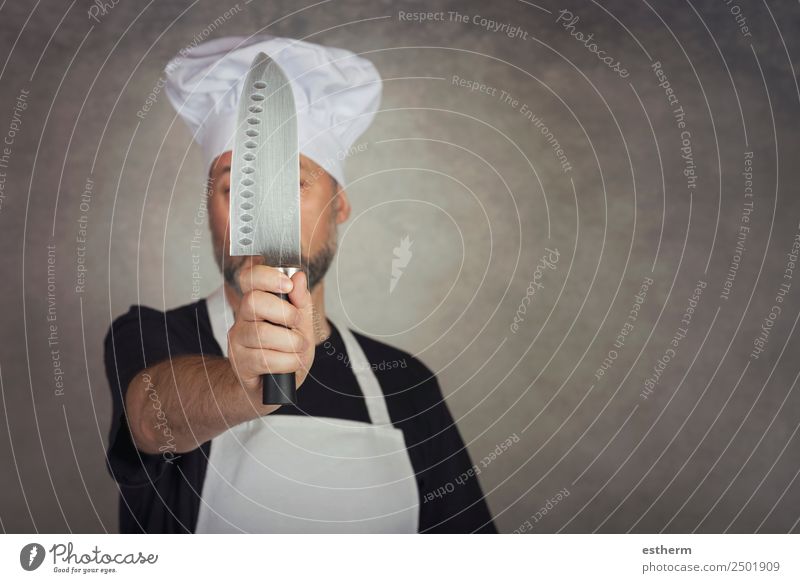 Mann hält Messer Fleisch Ernährung Abendessen Diät Besteck Lifestyle Freude Küche Restaurant Business Mensch maskulin Erwachsene 1 30-45 Jahre Hut festhalten