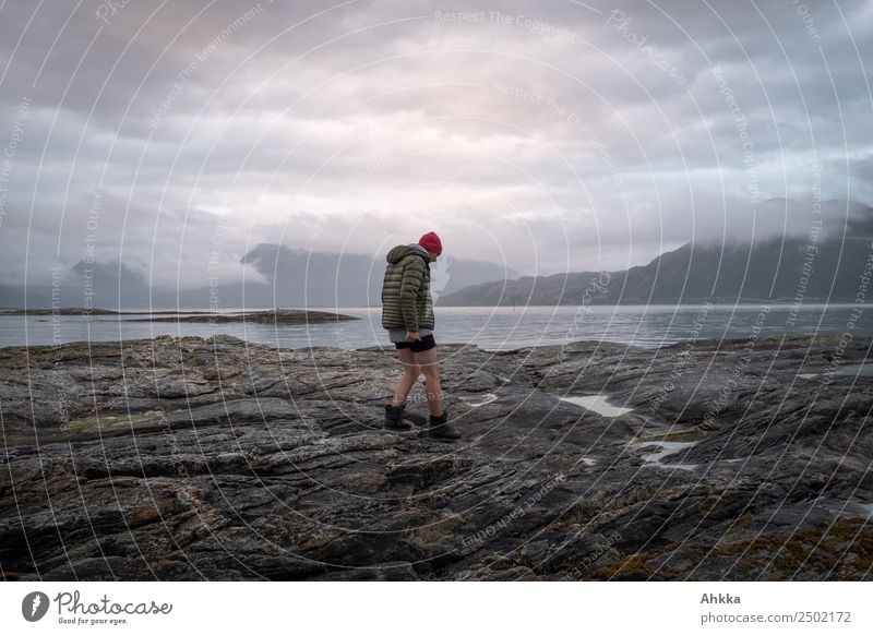 Mann auf Felsen an einem mit Wolken gefüllten Fjord Rückansicht nackt wild Einsamkeit einzigartig traumhaft Traurigkeit getrübt Wasser Nachtleben Dämmerung