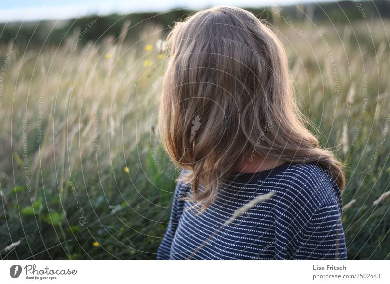 Blonde Frau sitzend in einem Feld. Junge Frau Jugendliche 1 Mensch 18-30 Jahre Erwachsene Umwelt Natur Landschaft Schönes Wetter Sträucher Wiese blond