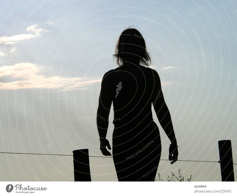 Sonne im Rücken Gegenlicht Frau feminin schwarz blau-grau Zaun Wolken Himmel Schatten Strukturen & Formen