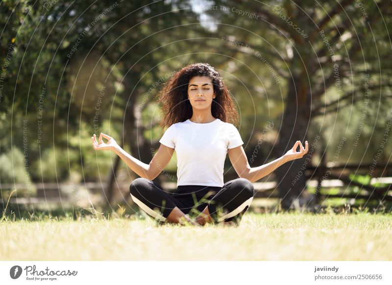 Junge arabische Frau, die Yoga in der Natur macht. Lifestyle Haare & Frisuren Erholung ruhig Meditation Sport Mensch Junge Frau Jugendliche Erwachsene 1