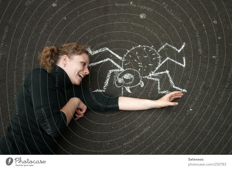 das große Krabbeln Freizeit & Hobby Spielen Mensch Gesicht Arme 1 Pullover Tier Spinne Tiergesicht Kreide Beton Zeichen Graffiti beobachten berühren Bewegung