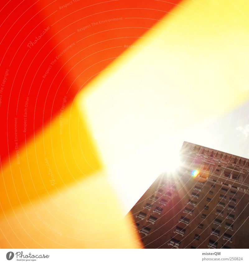 Der Sonne entgegen. Hauptstadt Macht Hochkultur Sonnenstrahlen gelb gelb-orange gelbgold Beleuchtung Perspektive Aussicht Hochhaus Farbe mehrfarbig rot