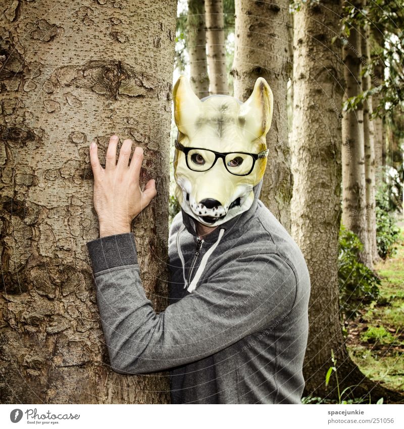Der Mann mit der Wolfsmaske Mensch Erwachsene 1 Umwelt Natur Schönes Wetter Baum Gras Sträucher Garten Wald beobachten braun böse Tiergesicht Maske Brille