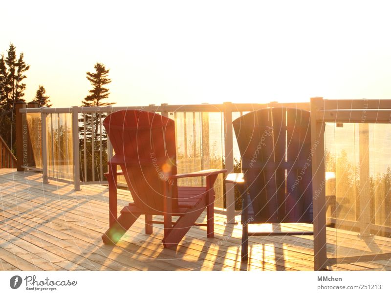 Ein Platz an der Sonne Sommer Sommerurlaub Wohnung Möbel Stuhl Terrasse Balkon Geländer Wolkenloser Himmel Baum Garten Erholung genießen leuchten warten blau
