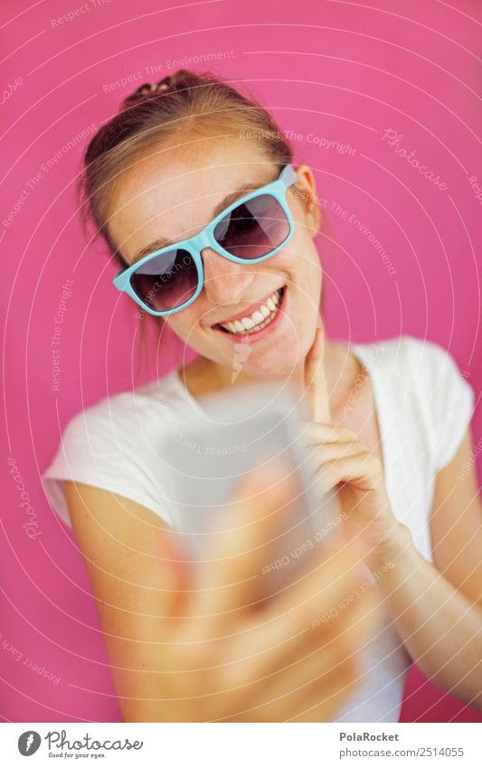 #A# Rosa Selfie Lifestyle Handel Junge Frau digital Digitalfotografie Digitalisierung Chatten Tippen Mobilität Mobilfunk rosa Lächeln Unsinn Sonnenbrille