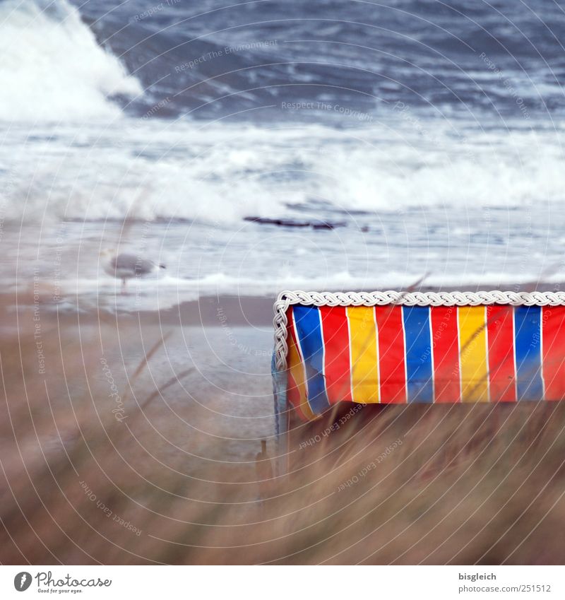 Strandkorb Meer Wellen Wasser Wind Sturm Schilfrohr Küste Ostsee blau braun mehrfarbig gelb rot weiß Einsamkeit Vergänglichkeit Farbfoto Außenaufnahme