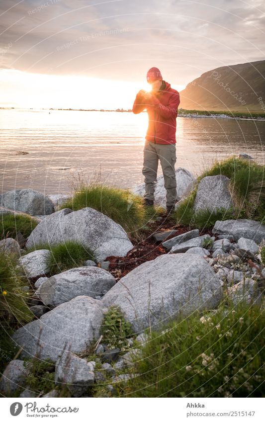 Junger Mann in Mitternachtssonne harmonisch Erholung ruhig Ausflug Abenteuer Ferne Freiheit Jugendliche Leben Landschaft Felsen Küste Meer entdecken festhalten