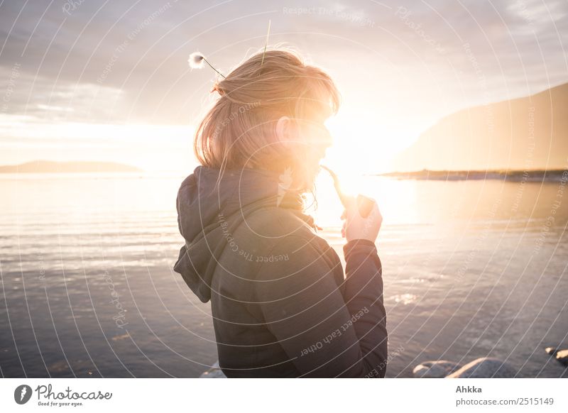 Junge Frau im Gegenlicht am Meer mit einer Pfeife in der Hand Klima nachdenklich Mitternachtssonne Zukunft Sonne Sonnenuntergang Zufriedenheit Natur Fjord