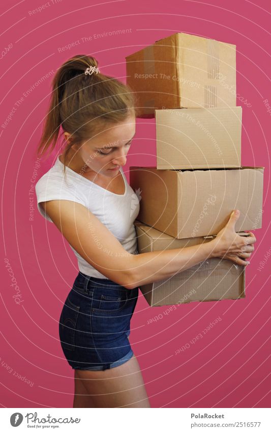 #A# Bestellung Lifestyle kaufen Reichtum ästhetisch Handel rosa Kiste Umzug (Wohnungswechsel) Karton tragen Frau Post Postbote Blick schwer Farbfoto mehrfarbig