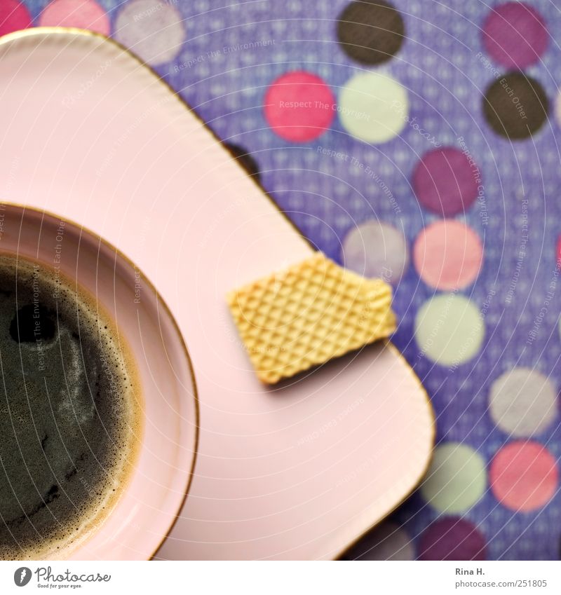Kaffeepause Keks Heißgetränk Geschirr Teller Tasse lecker mehrfarbig violett rosa genießen Punkt gepunktet Muster Farbfoto Innenaufnahme Menschenleer