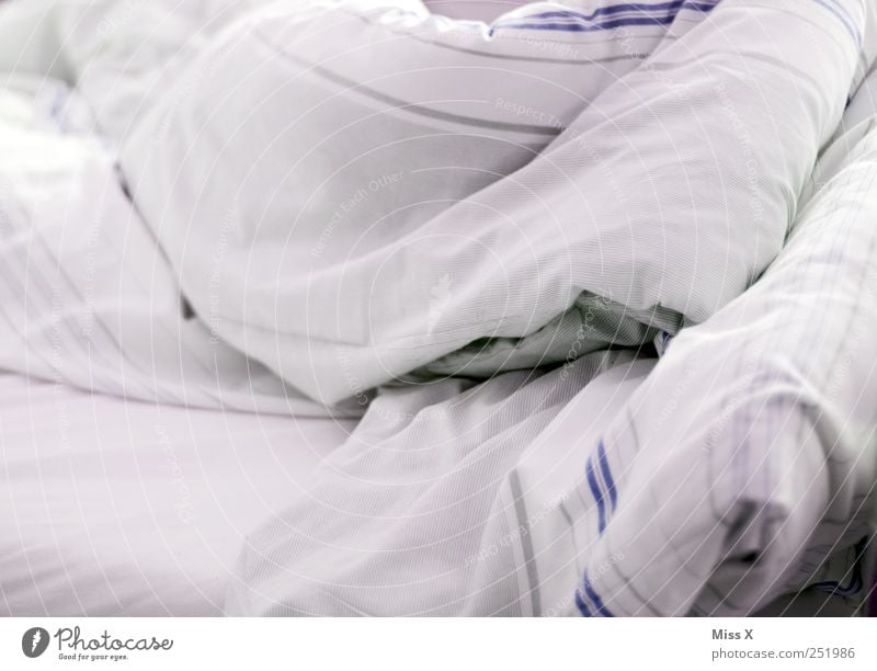 grau Bett schlafen weiß Bettwäsche Decke gestreift zudecken Farbfoto Gedeckte Farben Innenaufnahme Nahaufnahme Muster Menschenleer Morgen Morgendämmerung Licht