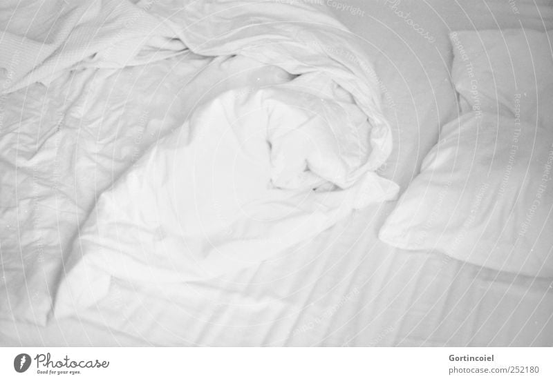 Bonjour! Wohnung Bett Schlafzimmer hell weiß Bettlaken Bettdecke Kopfkissen Bettwäsche schlafen aufwachen Morgen aufstehen Schwarzweißfoto Innenaufnahme